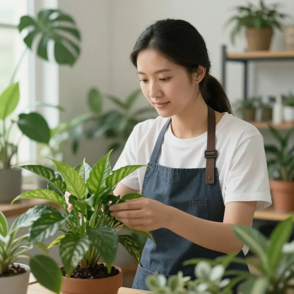 Plant specialist caring for indoor greenery